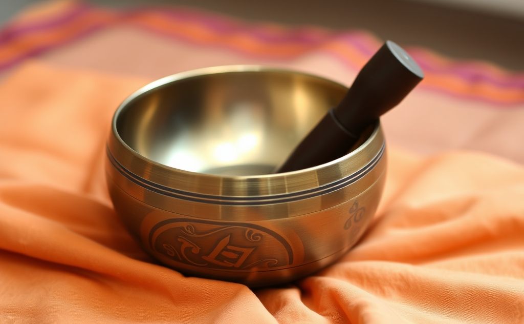A serene Tibetan singing bowl resting on a soft, colorful fabric.