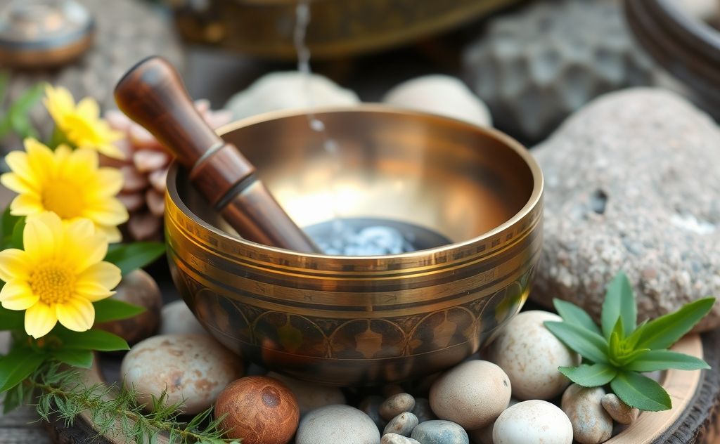 A serene Tibetan singing bowl surrounded by calming natural elements.