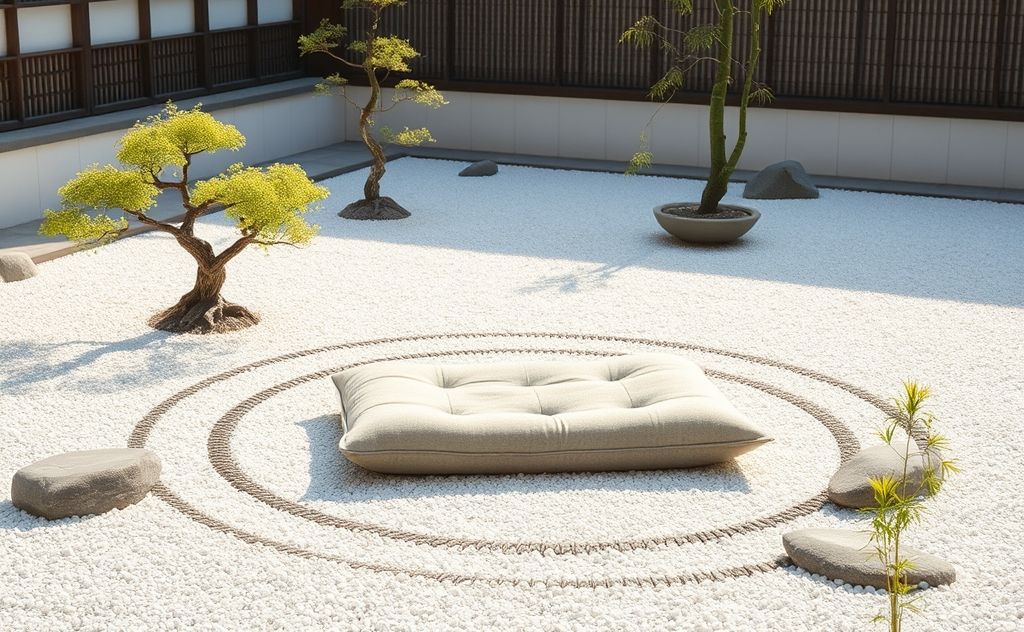 A serene Zen garden with a meditation cushion and tranquil surroundings.