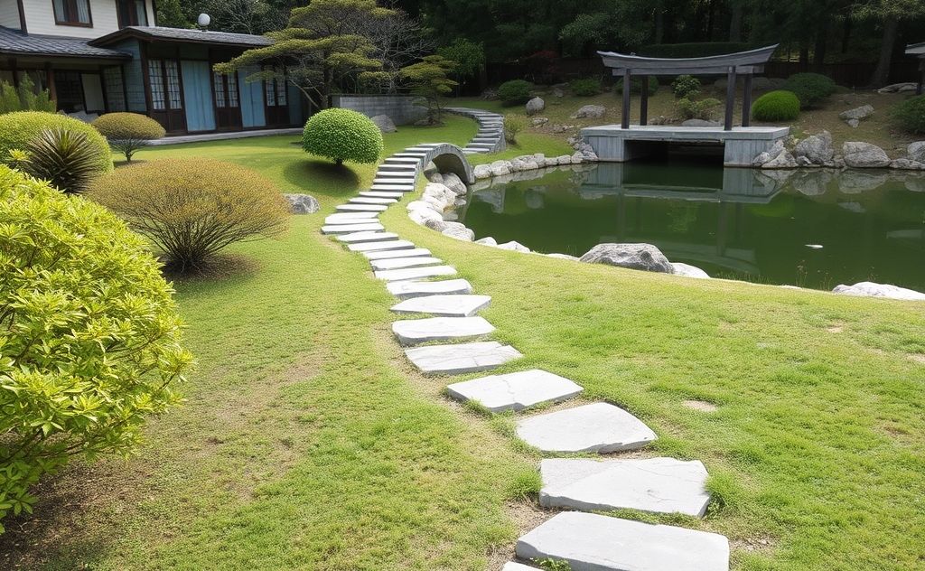 A serene Zen garden with a stone path and a tranquil pond.
