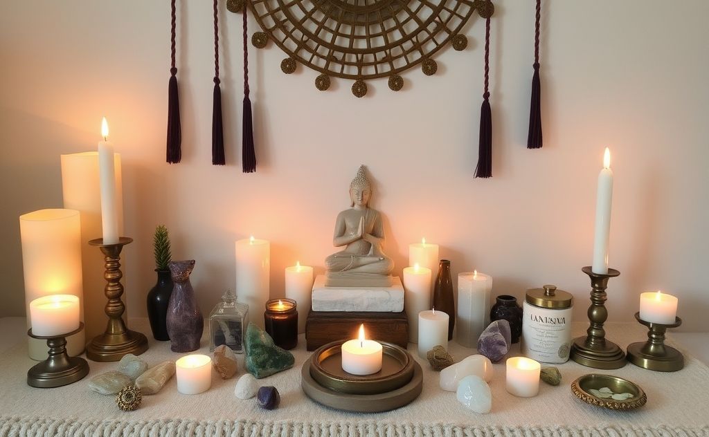 A serene altar with candles, crystals, and chakra symbols.