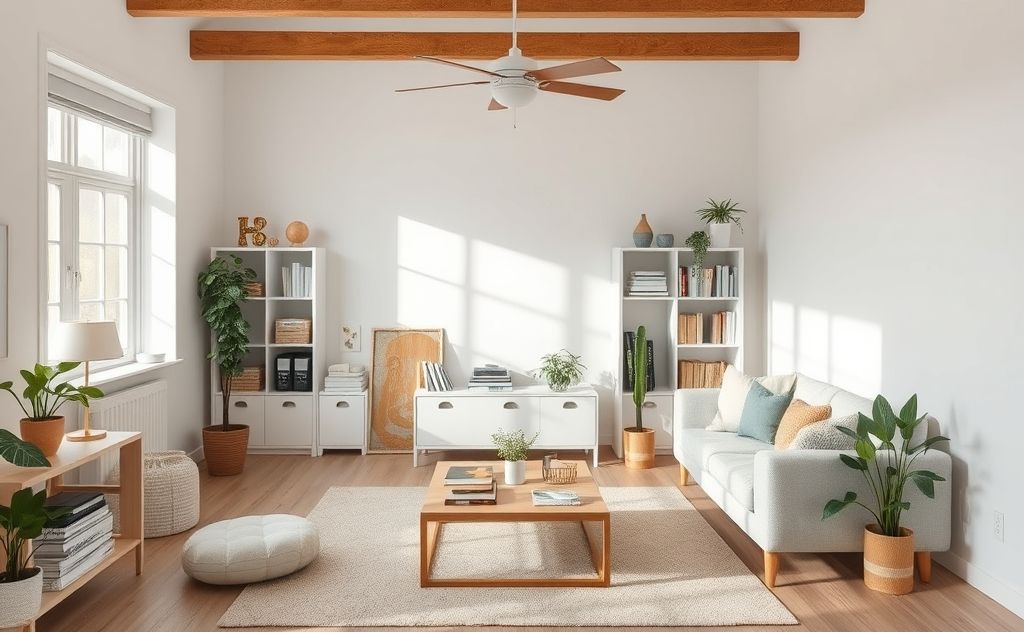 A serene and organized living space with minimal clutter.