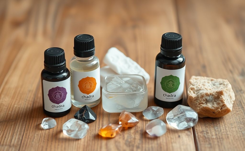 A serene arrangement of chakra oils and crystals on a wooden surface