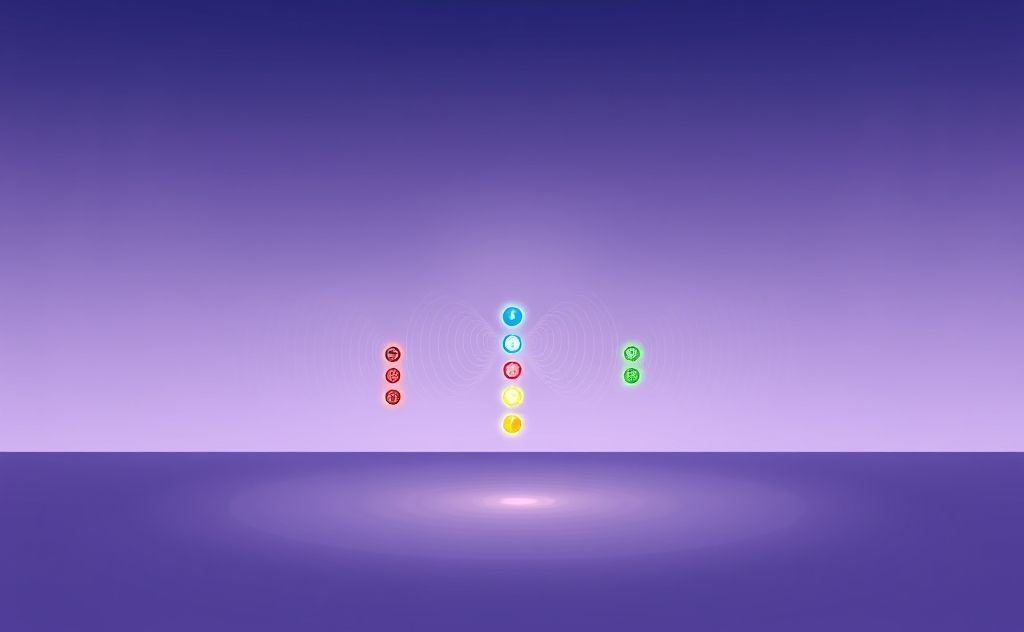 A serene arrangement of chakra symbols with sound waves emanating.