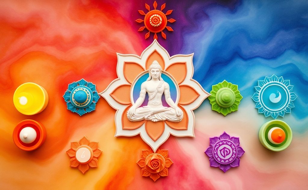A serene arrangement of chakra symbols with vibrant colors.