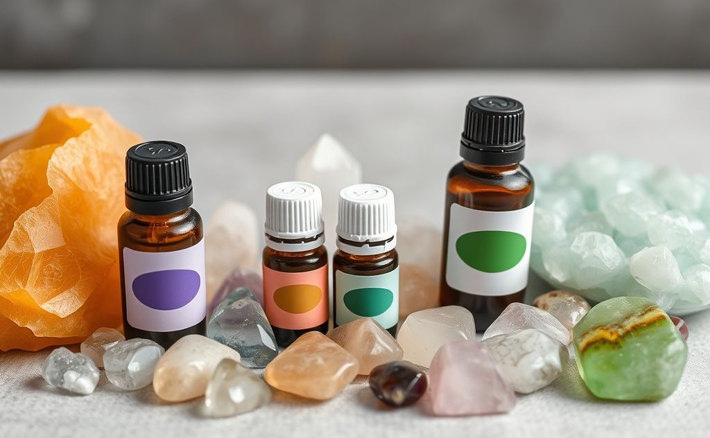 A serene arrangement of colored crystals and essential oil bottles.