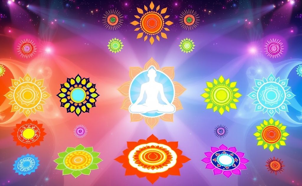 A serene arrangement of colorful chakra symbols and energy patterns.