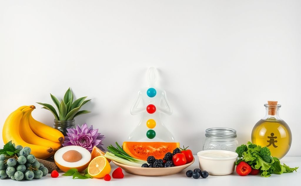 A serene arrangement of colorful chakra symbols with healthy foods.