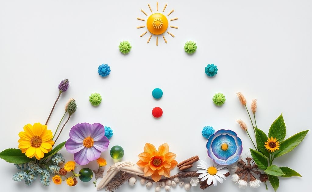 A serene arrangement of colorful chakra symbols with nature elements.