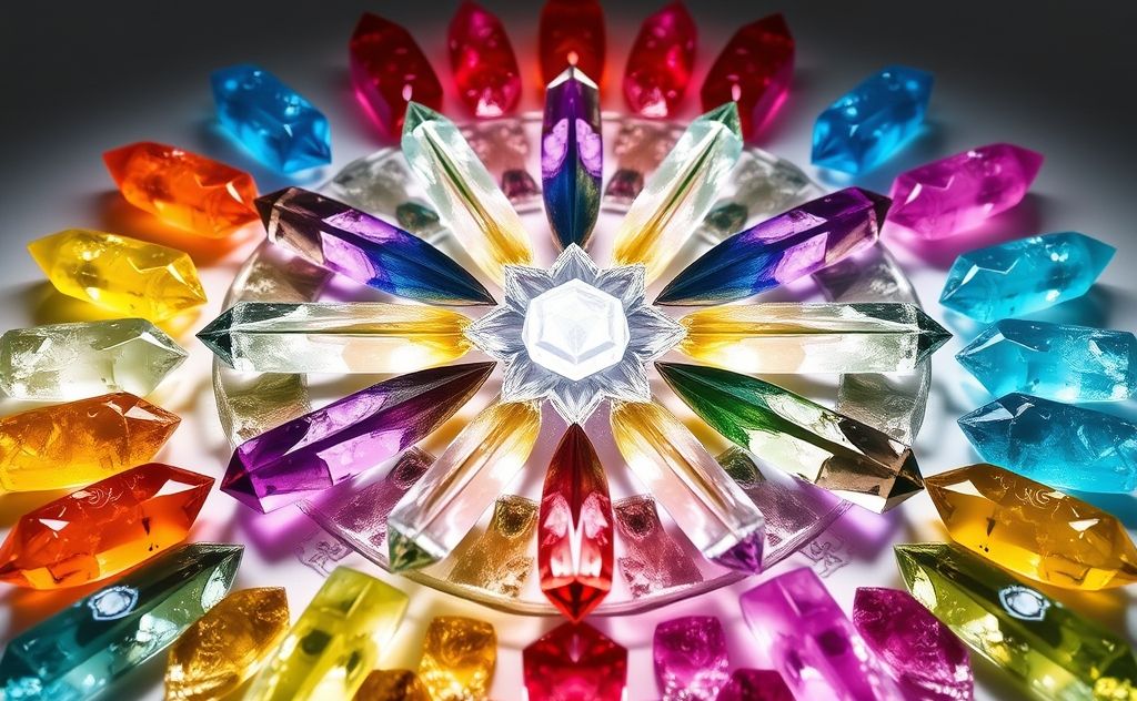 A serene arrangement of colorful crystal grids radiating harmony.