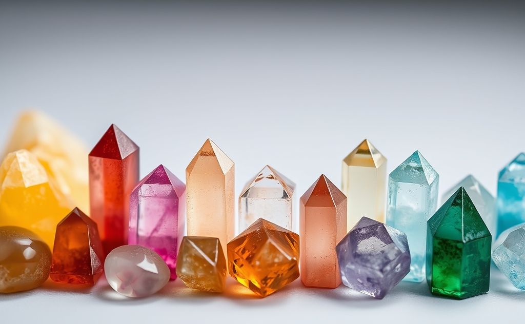 A serene arrangement of colorful crystals aligned in a harmonious pattern.