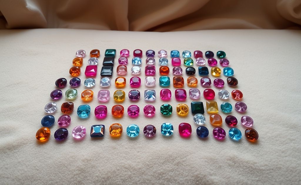 A serene arrangement of colorful crystals forming a grid on a soft surface.