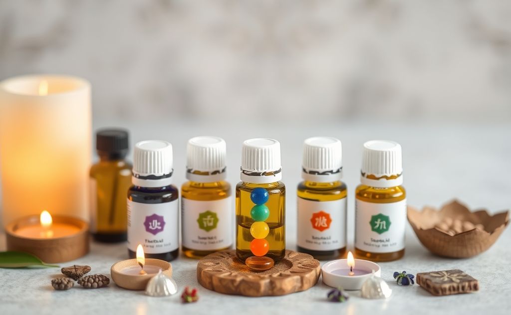 A serene arrangement of essential oil bottles with chakra symbols.