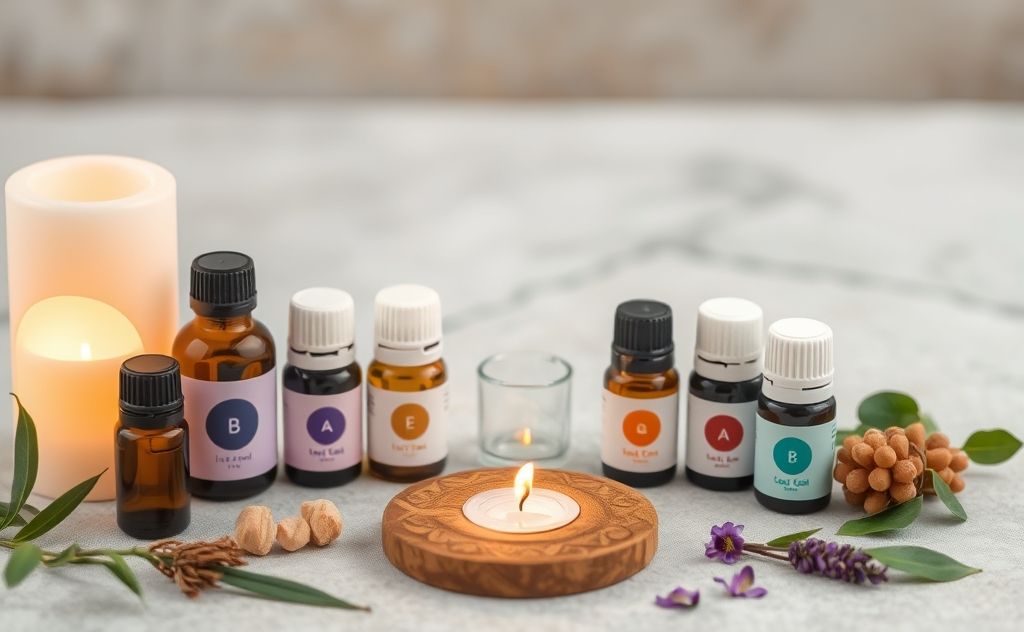 A serene arrangement of essential oils and chakra symbols.