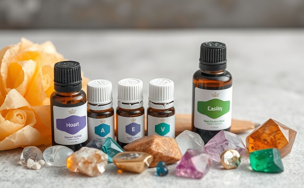 A serene arrangement of essential oils and colorful crystals.