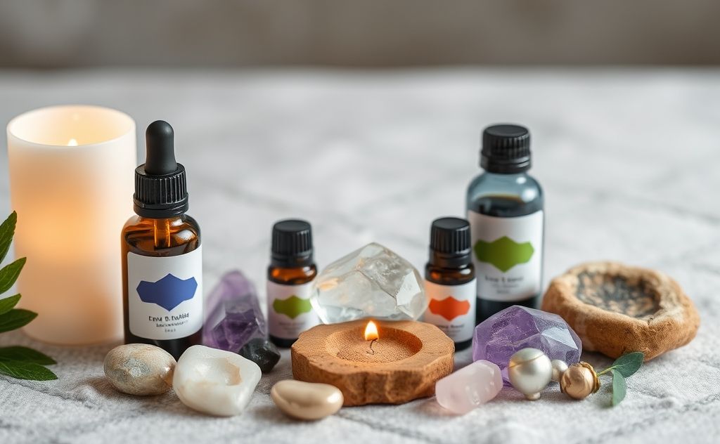 A serene arrangement of essential oils and crystals for chakra balance.