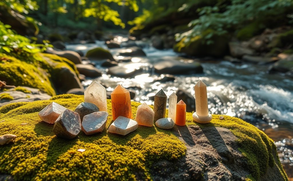 A serene arrangement of grounding crystals in a natural setting.