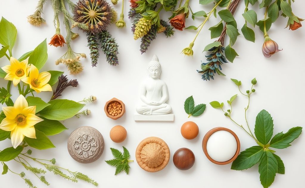 A serene arrangement of herbal plants and chakra symbols.