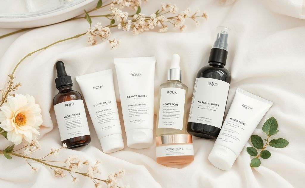 A serene arrangement of natural skincare products on a soft surface.