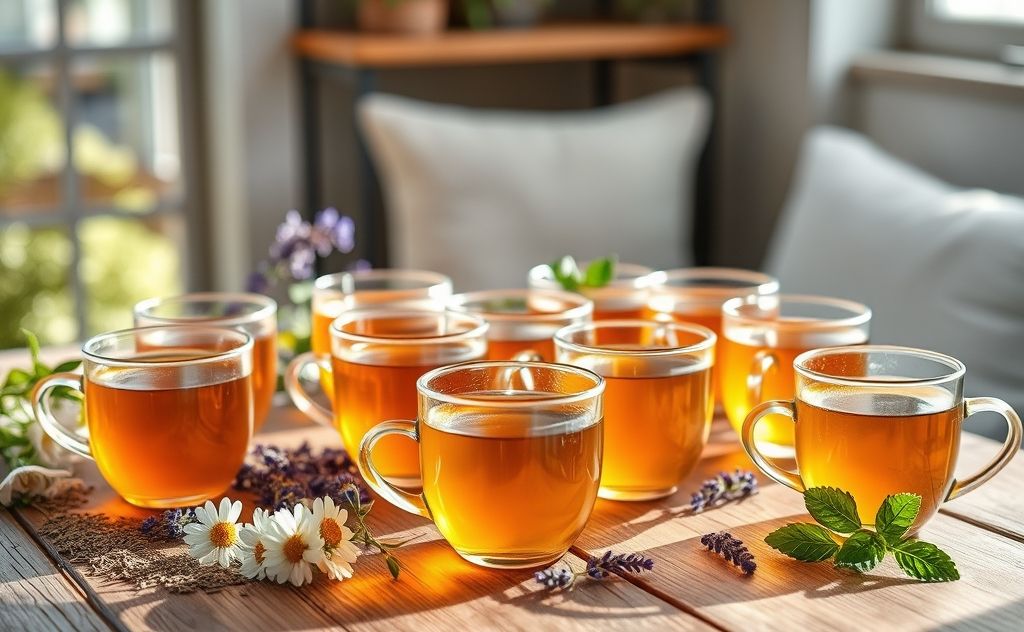 A serene arrangement of various grounding herbal tea blends in cups.