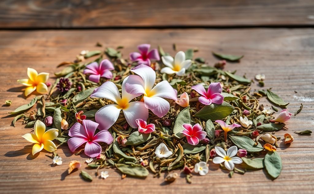 A serene arrangement of various herbal tea leaves and flowers.