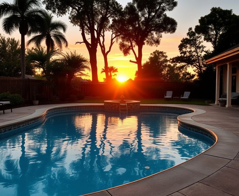A serene backyard pool basking in the warm glow of sunset.
