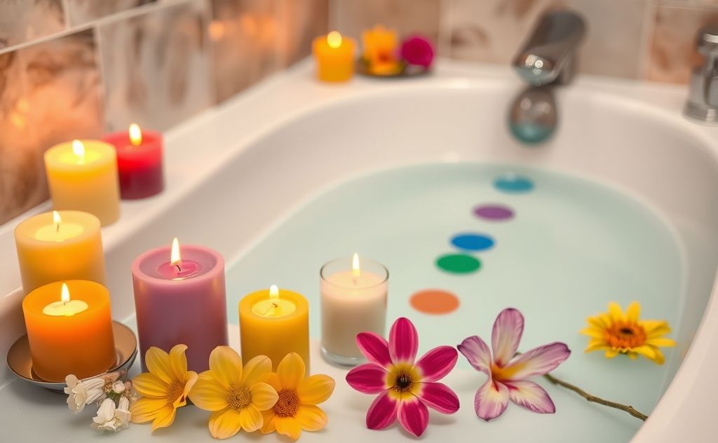 A serene bath setting with colorful chakra candles and flowers.