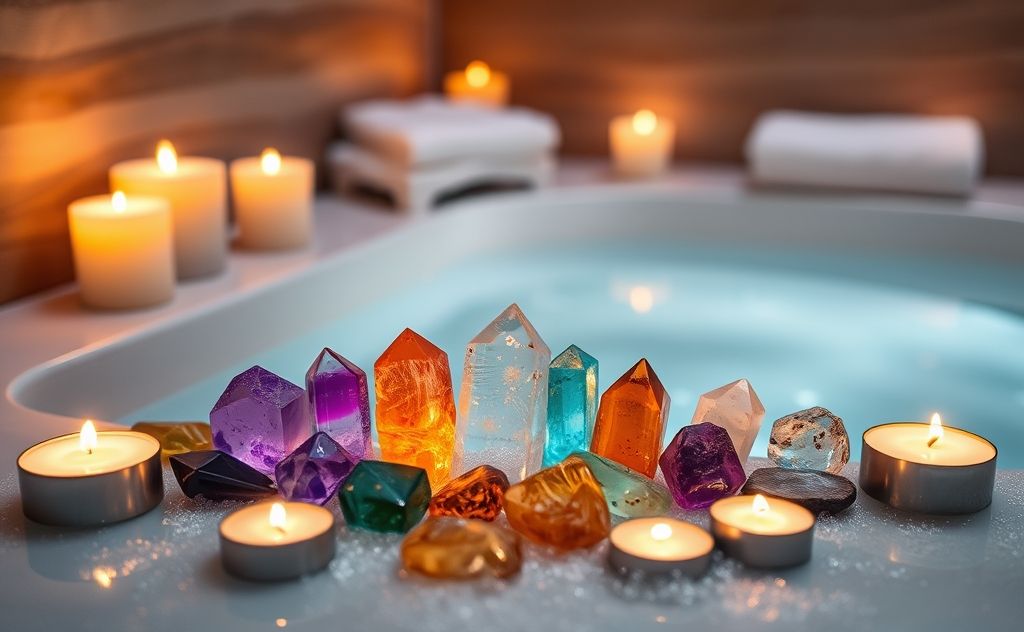 A serene bath setting with colorful chakra stones and candles.