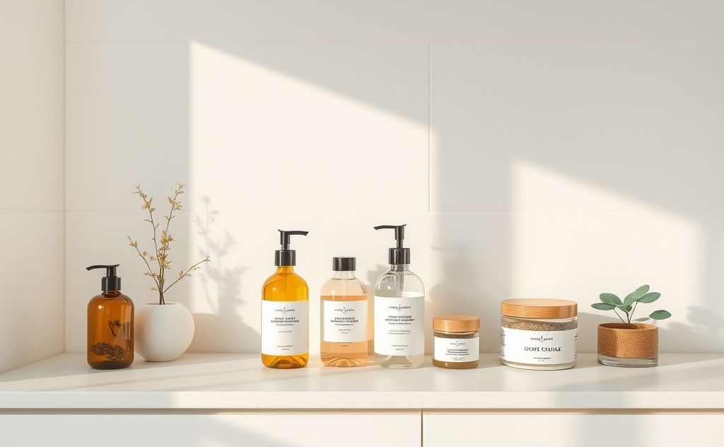 A serene bathroom setting with non-toxic personal care products.