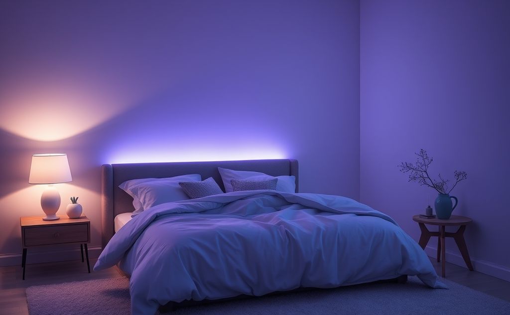 A serene bedroom bathed in calming blue and purple hues.