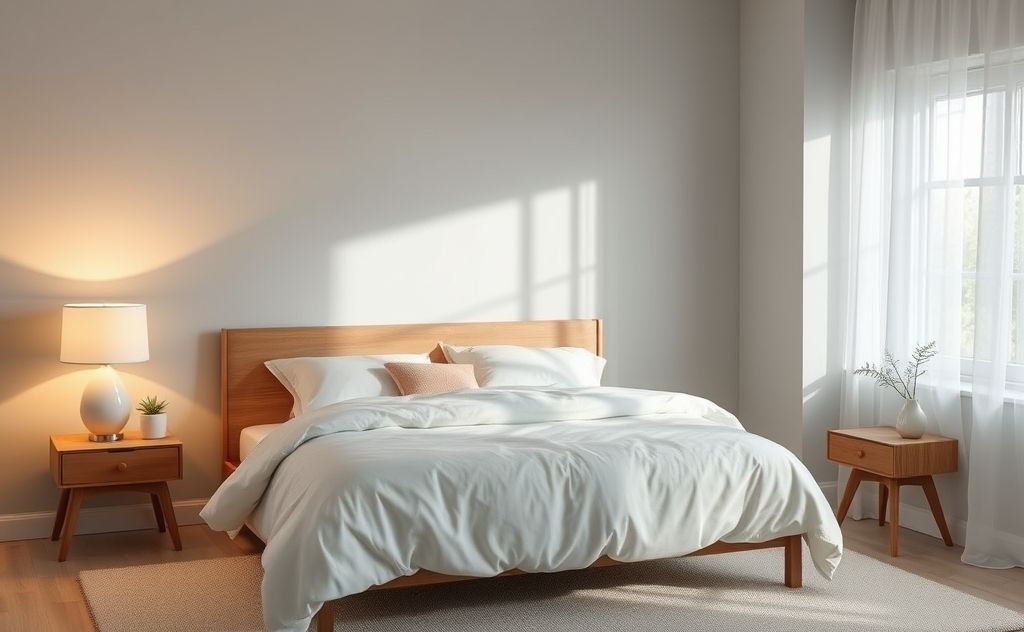 A serene bedroom with calming colors and soft lighting for sleep.