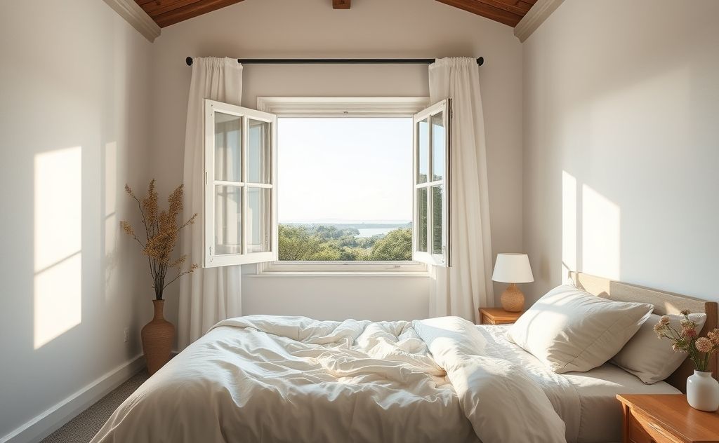 A serene bedroom with fresh air and a window open to nature.