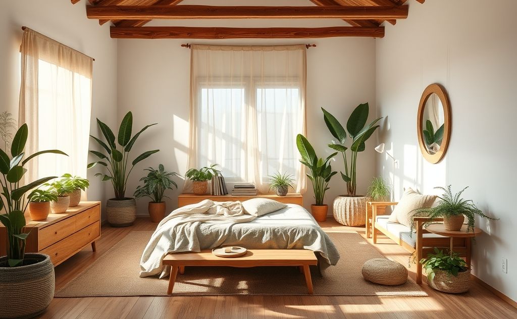 A serene bedroom with natural elements for a calming atmosphere.