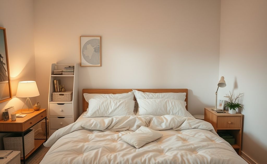 A serene bedroom with organized items and soft lighting for relaxation.