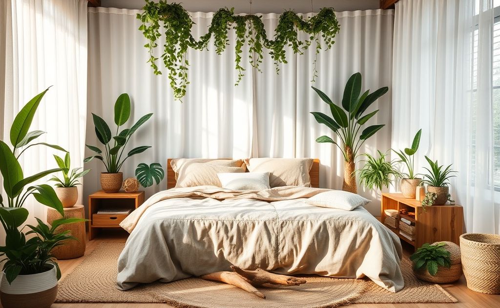 A serene bedroom with plants and natural materials promoting tranquility.