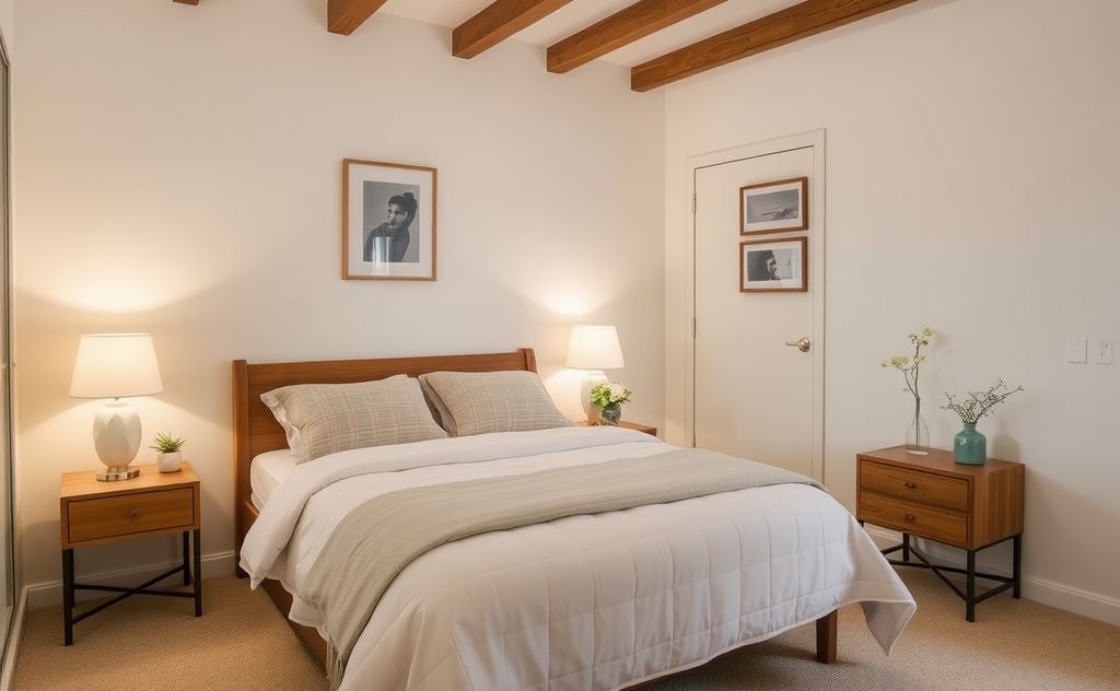 A serene bedroom with tidy surroundings and soft lighting.
