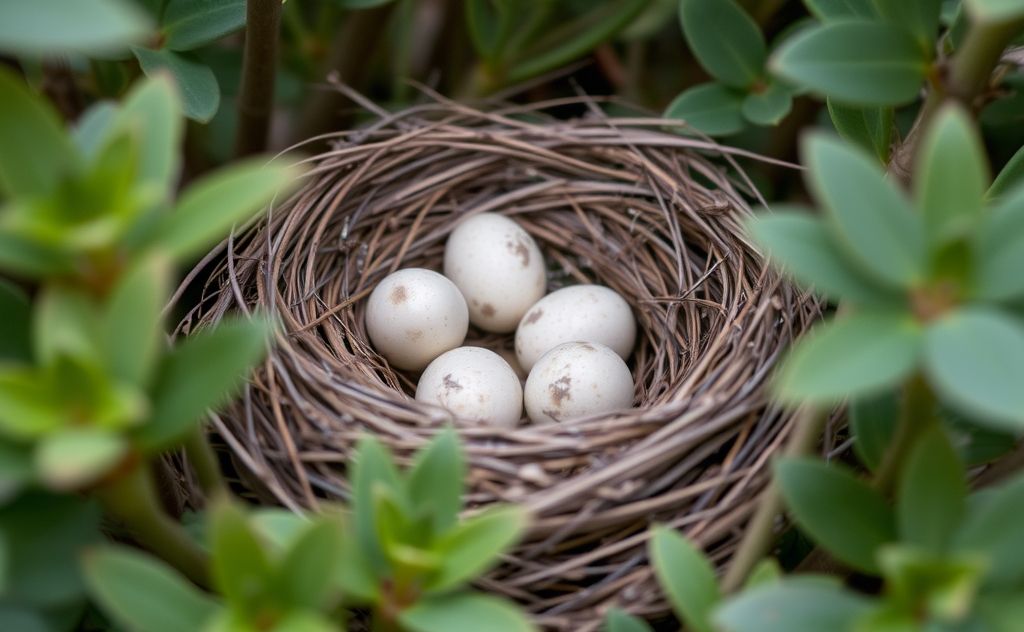 A serene bird nest with eggs nestled among soft foliage.