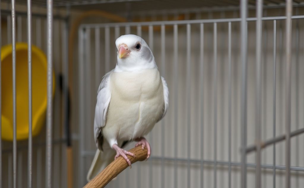 A serene bird perched near an open cage in a calm environment.