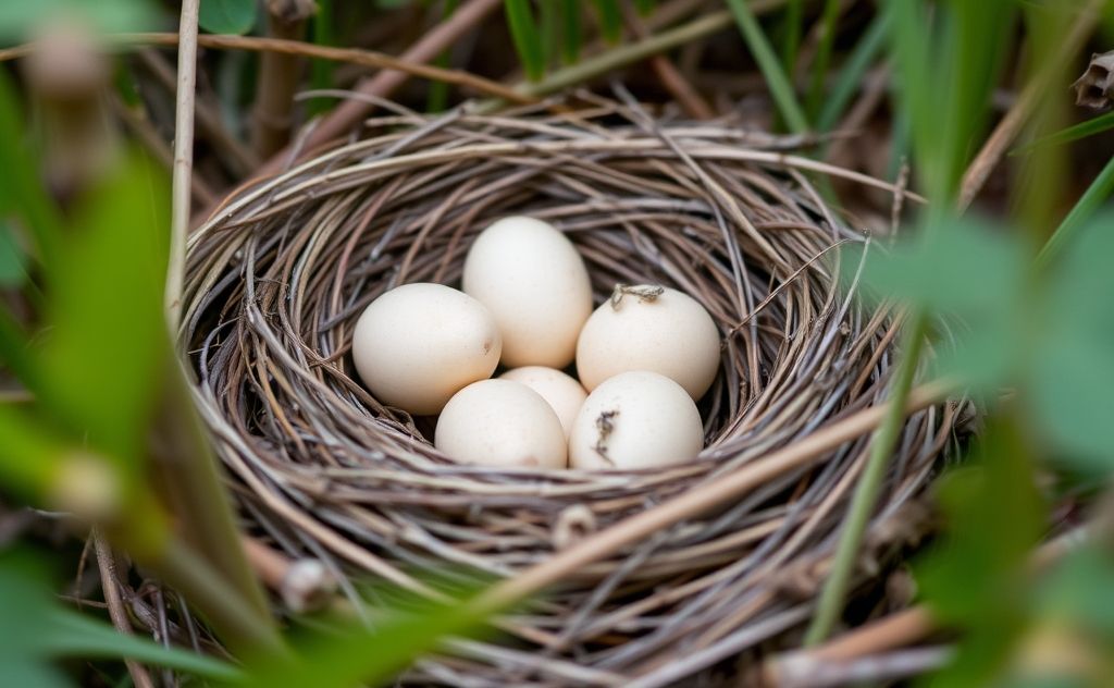 A serene bird's nest with eggs in a natural setting.