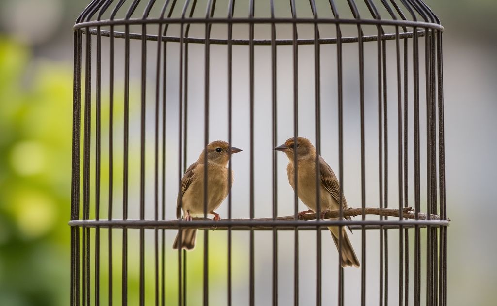 A serene birdcage with calm birds perched peacefully inside.