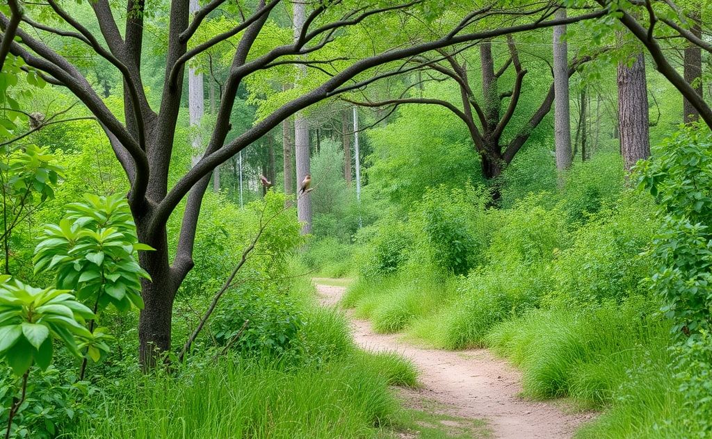 A serene birding trail through lush greenery with birds in the trees.