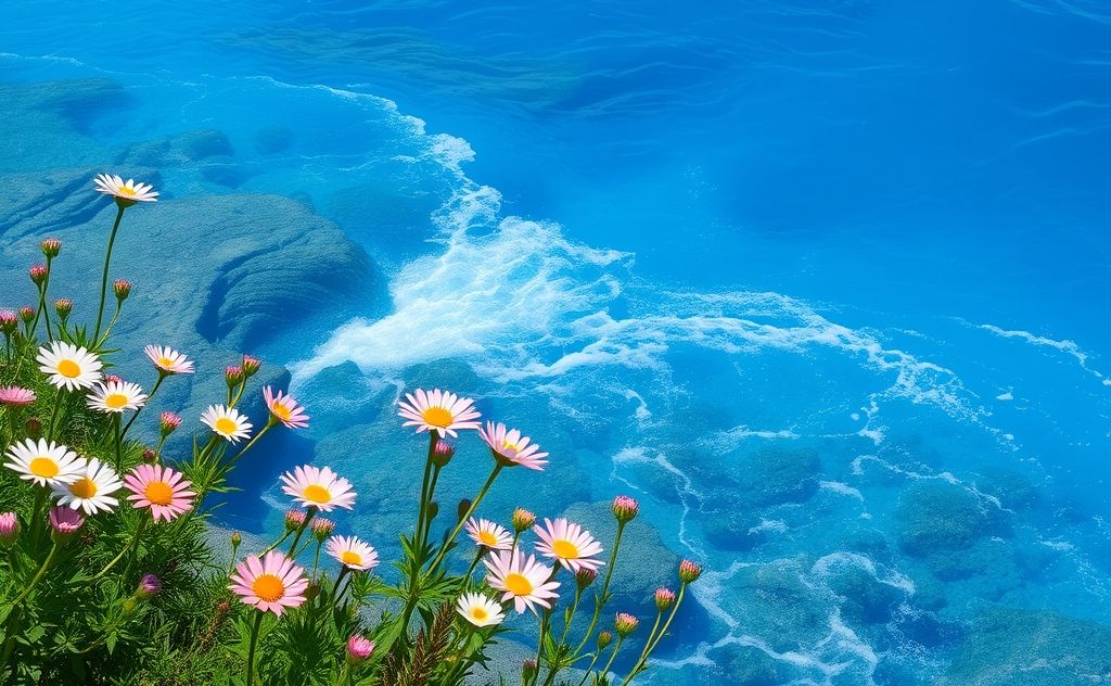 A serene blue landscape with flowing water and blooming flowers.