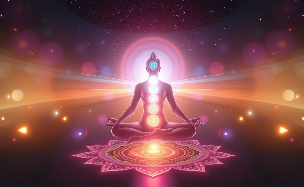 A serene chakra alignment with vibrant energy centers glowing.