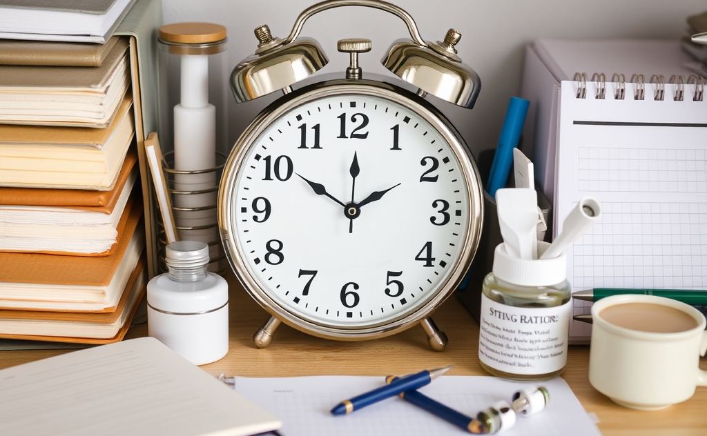 A serene clock surrounded by organized planner and stress-relief items.