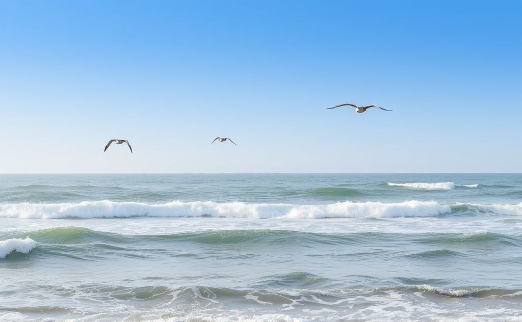A serene coastal landscape with seabirds soaring above the waves.