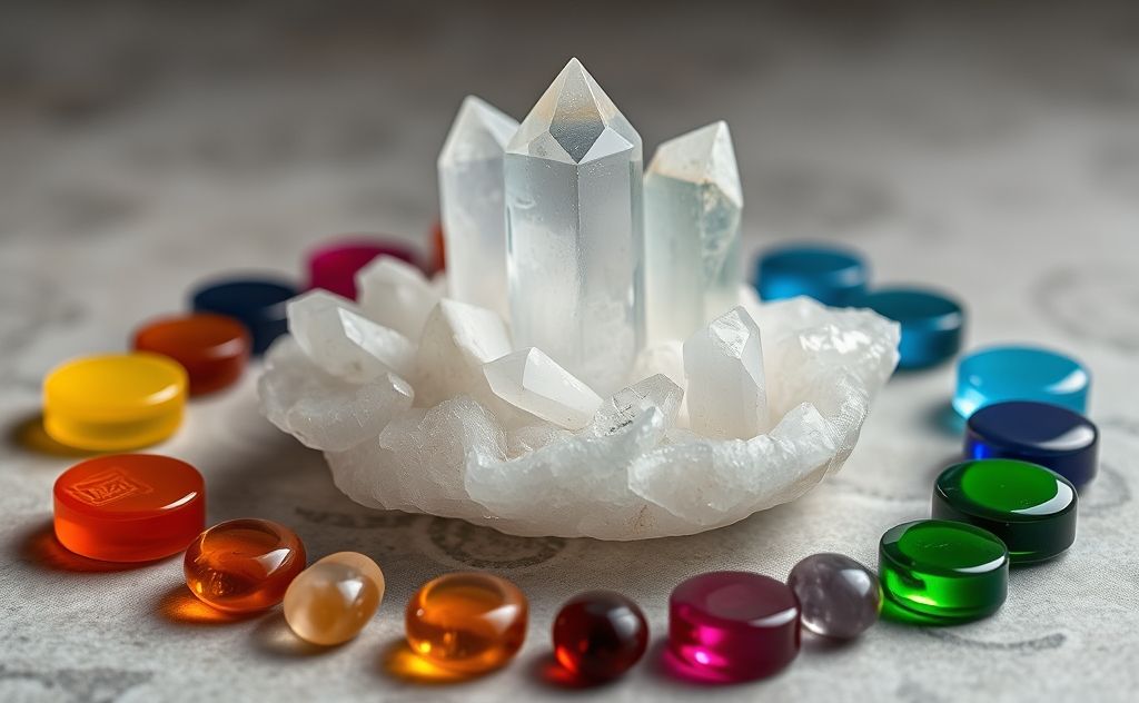 A serene crystal arrangement surrounded by colorful chakra symbols.