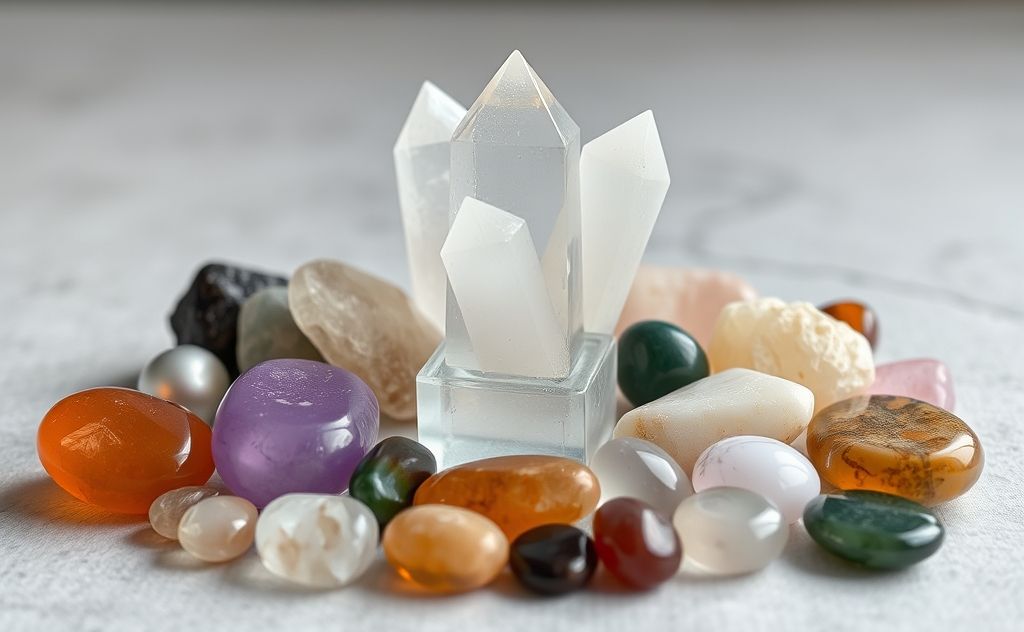 A serene crystal arrangement with various healing stones and chakras.