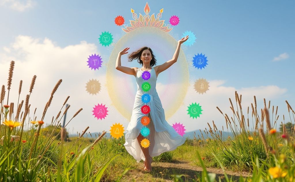 A serene dancer surrounded by colorful chakra symbols in nature.