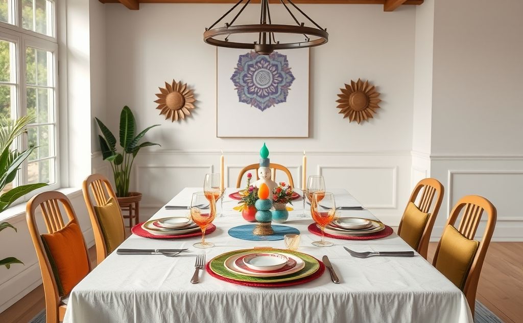 A serene dining table set with colorful chakra-themed decor.