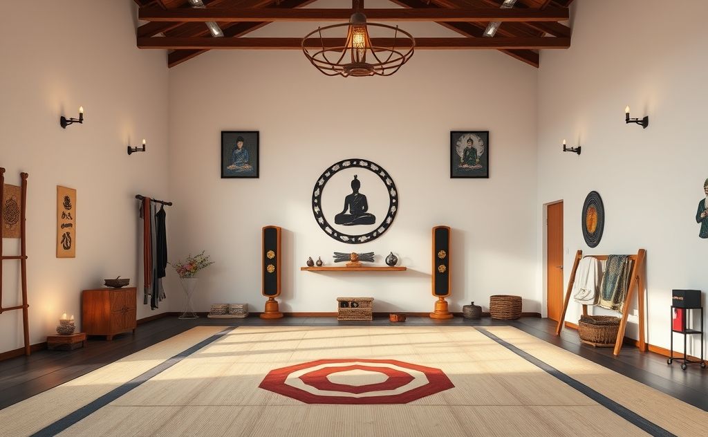 A serene dojo with chakra symbols and martial arts equipment.